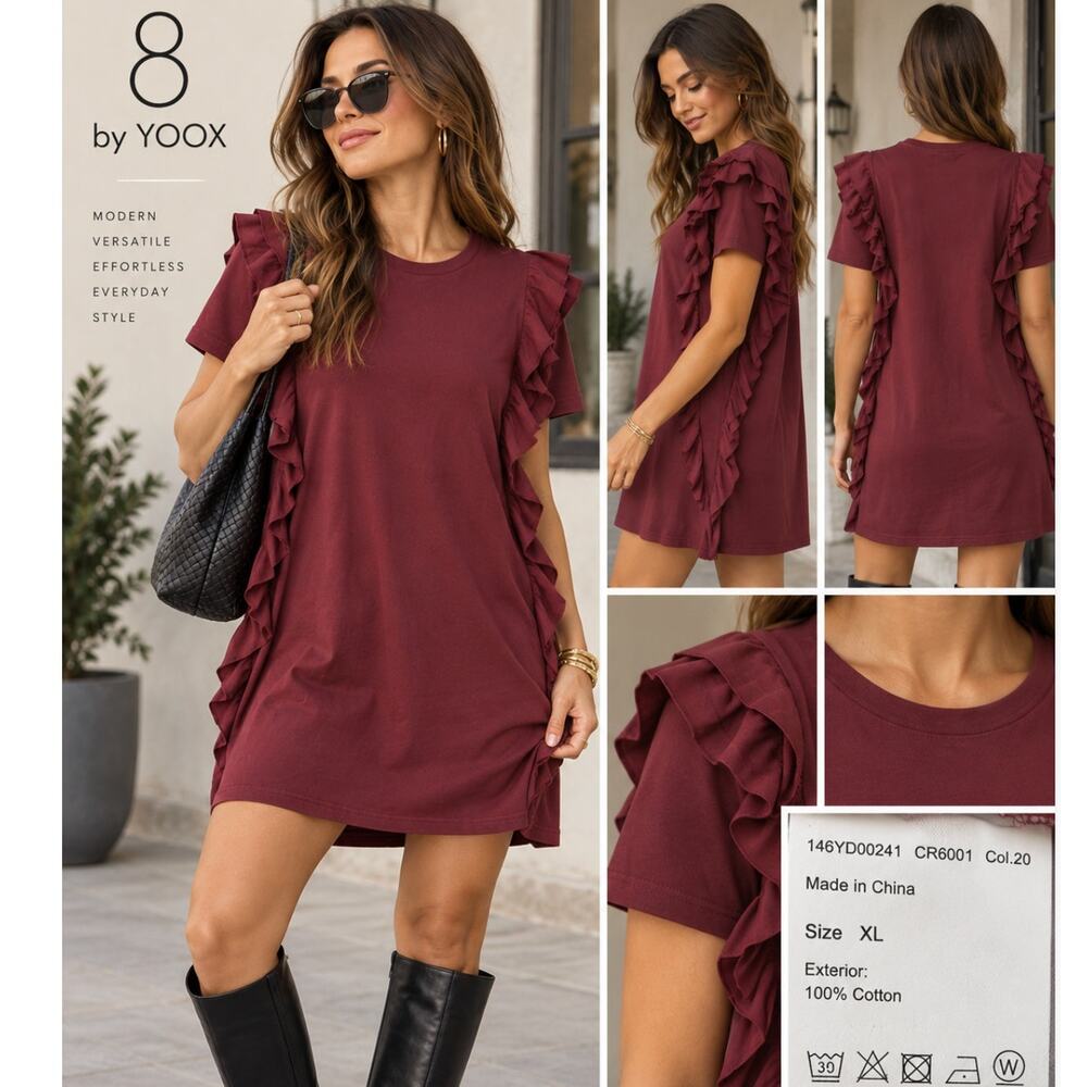 8 by YOOX Ruffle Mini Dress XL Burgundy Cotton Short Sleeve Romantic Designer